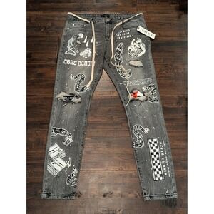 THRT Jeans Mens 40 Distressed Graphic Print Chains Skeleton Streetwear Denim Pan